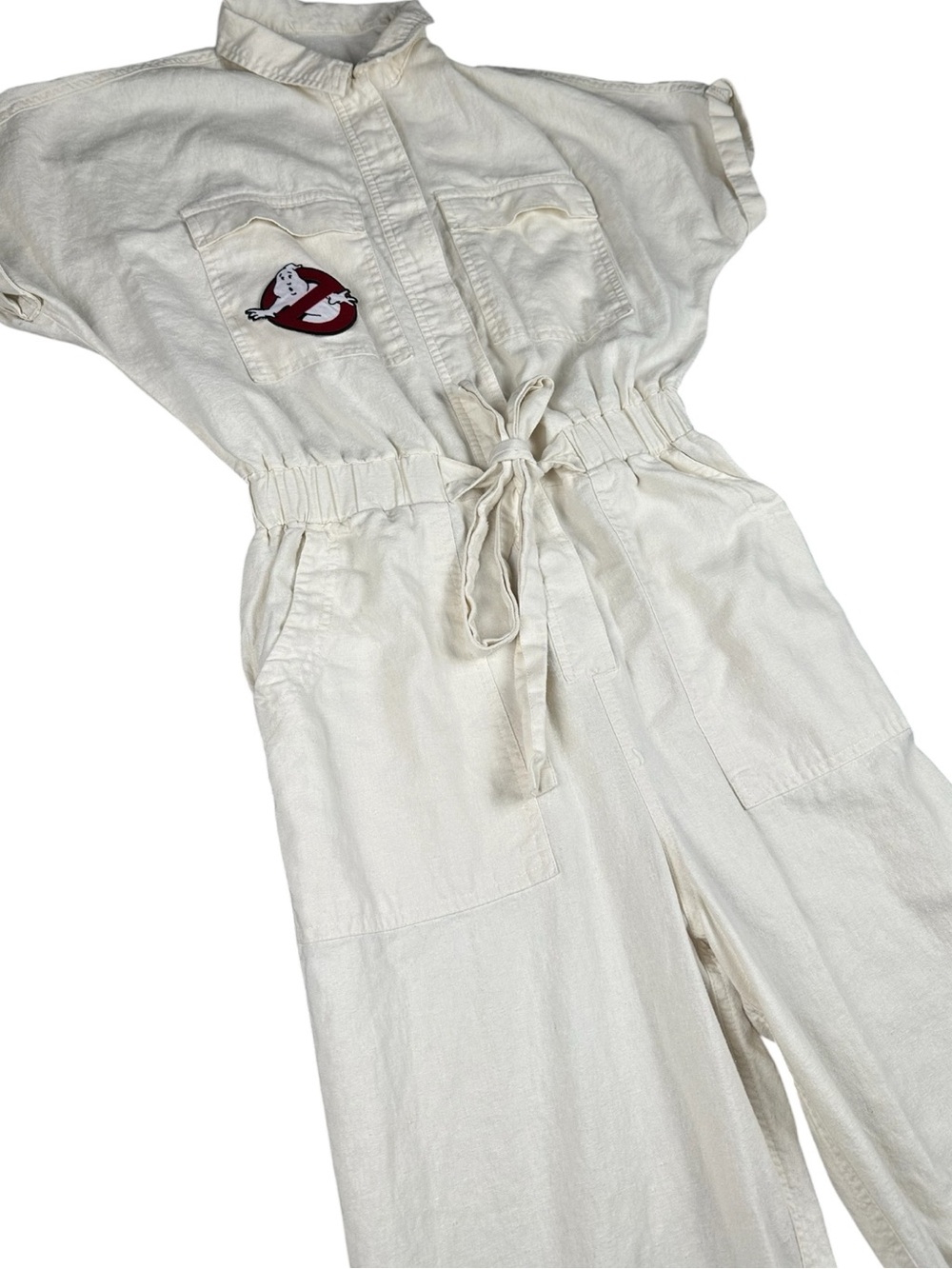 Universal Threads Ivory Linen Utility Jumpsuit Ghostbusters Patch Wide Leg Sz 2 - Picture 3 of 10